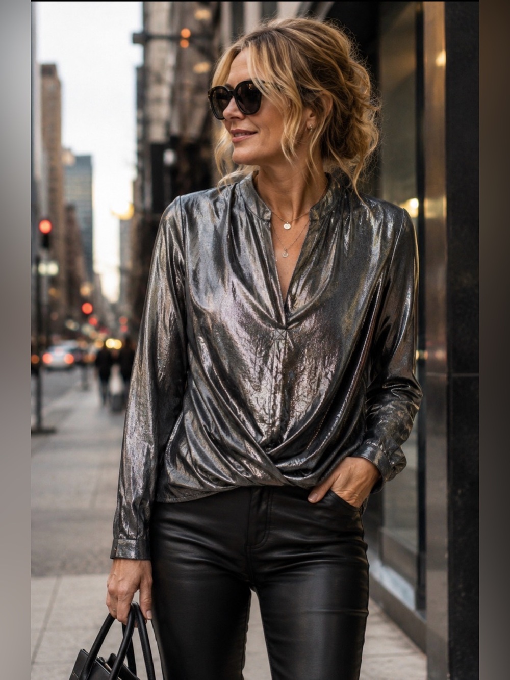 Current Air Los Angeles Metallic Silver Draped Blouse